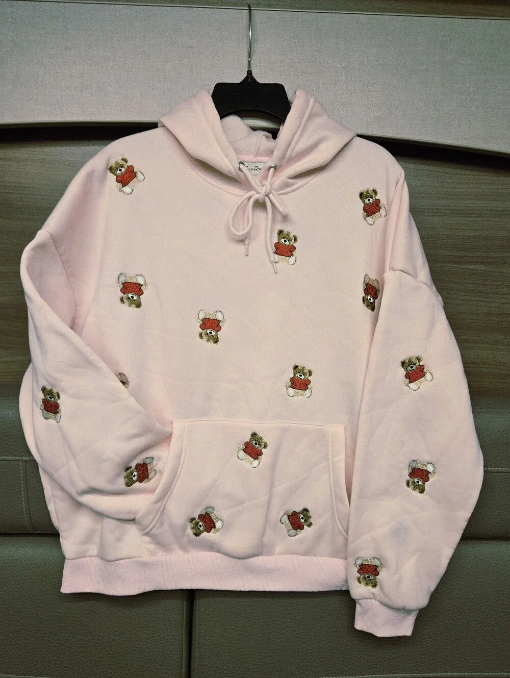 Women's Light Pink Teddy Embroidered Crewneck Hoodie